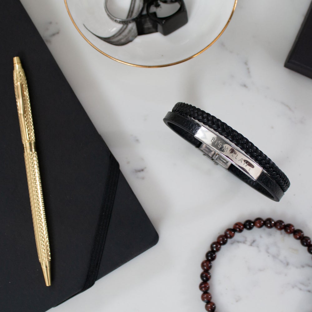 Bismillah Engraved Bracelet Double Leather Strap by Safar London