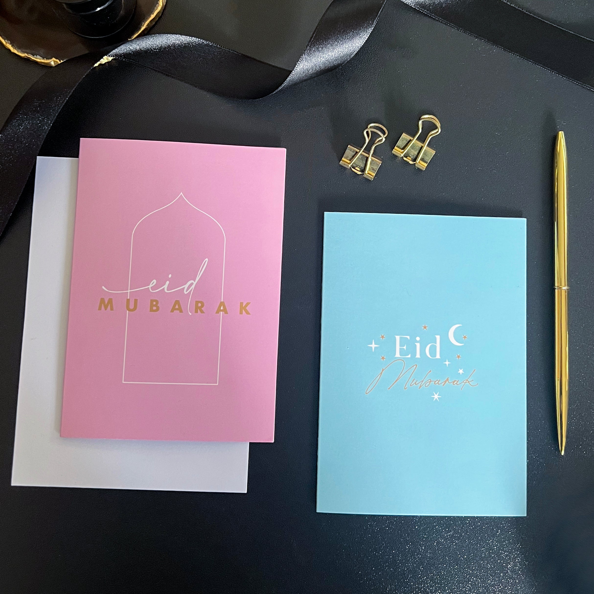 New Eid Mubarak Greeting cards - pink and blue typographic minimalist design