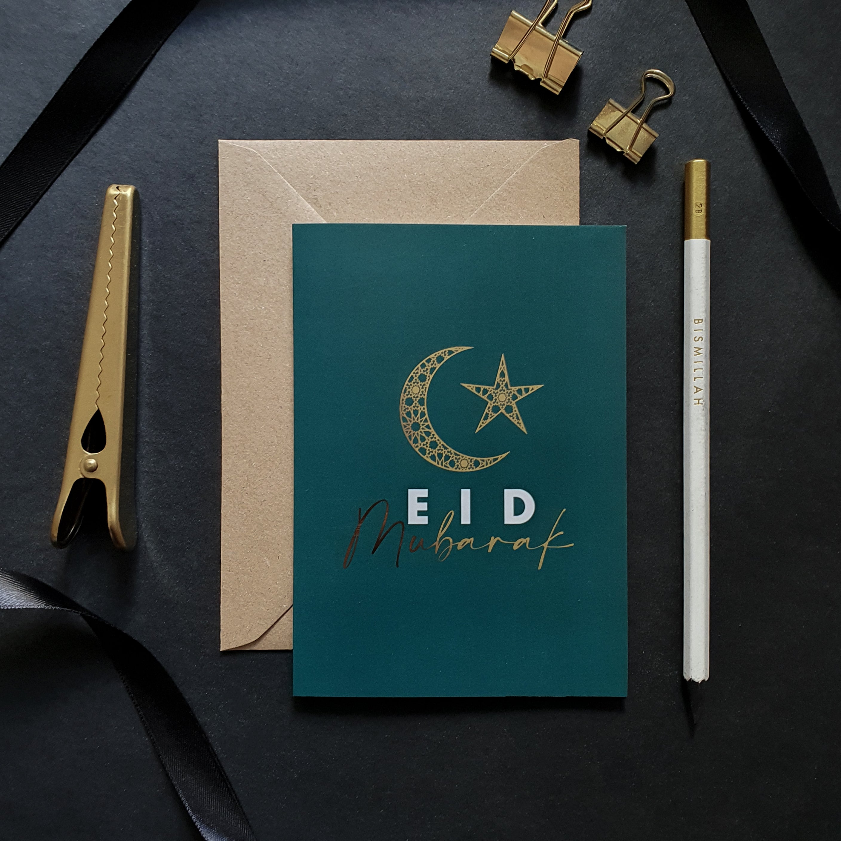 Green Moon Star Gold Foiled A6 Eid Mubarak Greeting Cards