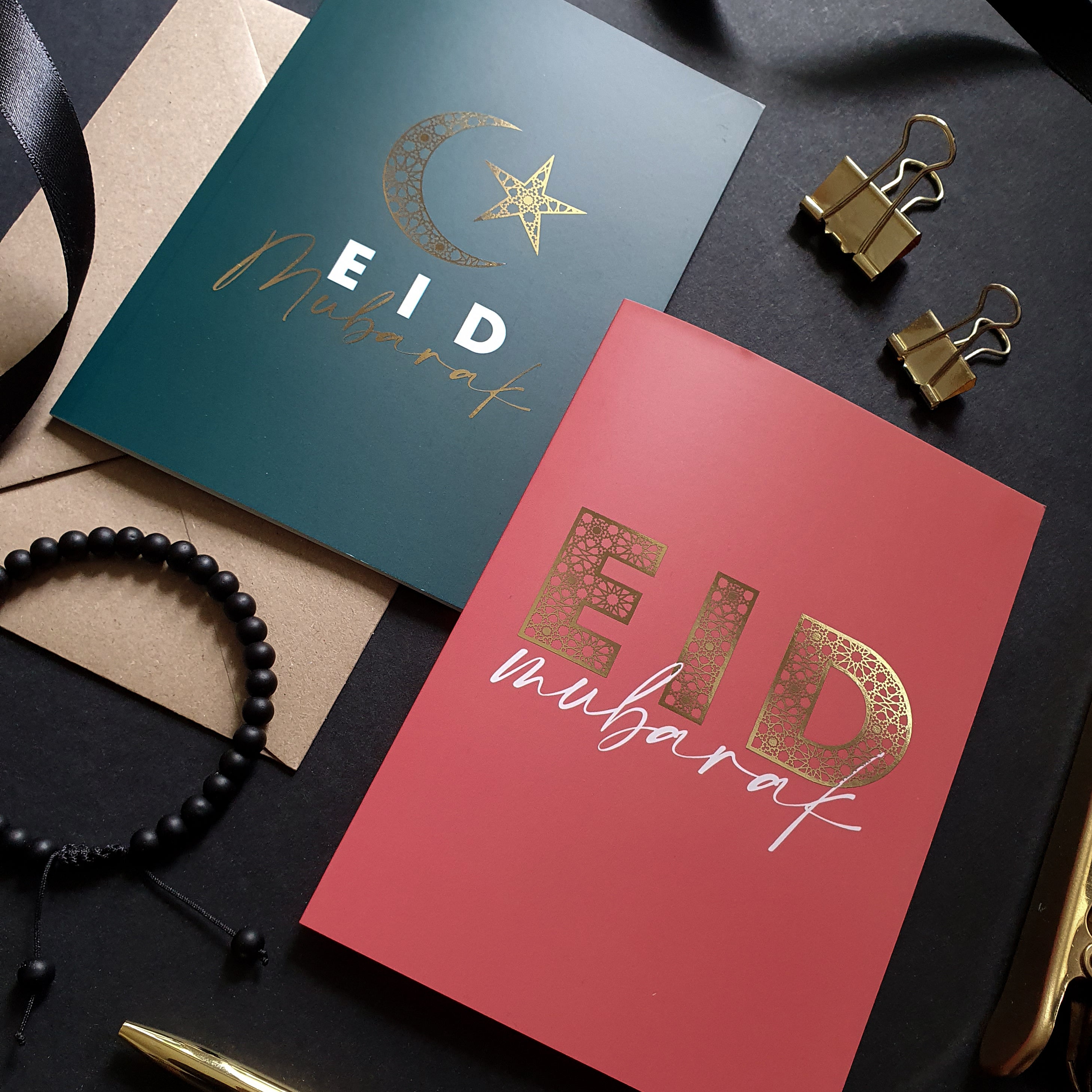 Green Moon Star Gold Foiled A6 Eid Mubarak Greeting Cards