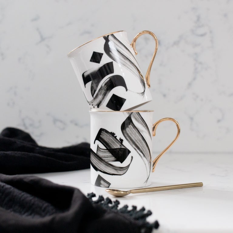Set of 2 Porcelain Calligraphy Mugs