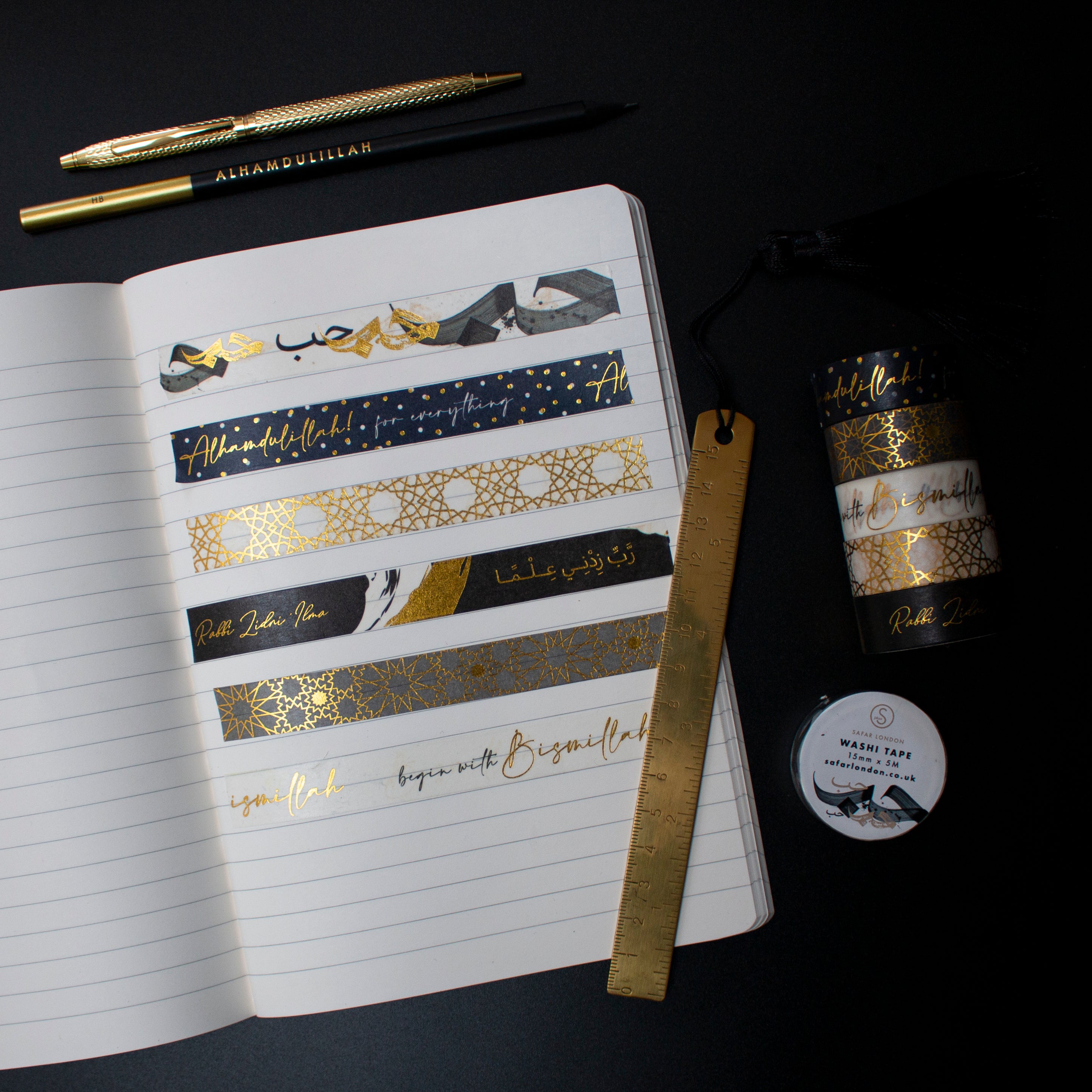 Gold foiled Washi Tapes 15mm x 5m or 10m Rolls By Safar London