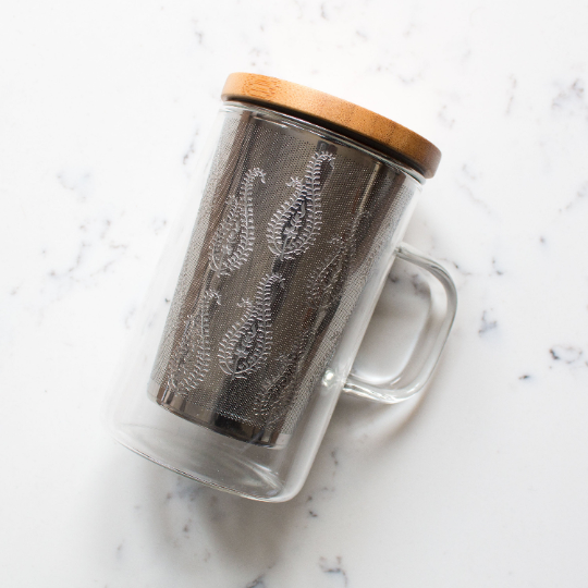 Glass Tea Mug with Infuser - Paisley Patterned and Bamboo Lid by Safar London