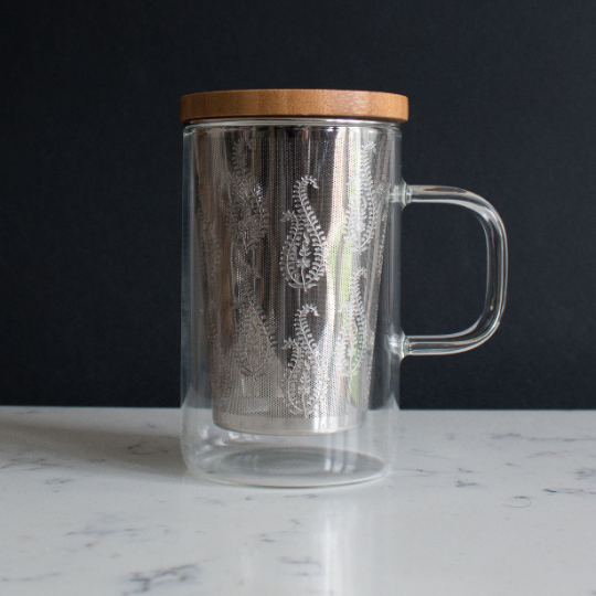 Glass Tea Mug with Infuser - Paisley Patterned and Bamboo Lid by Safar London